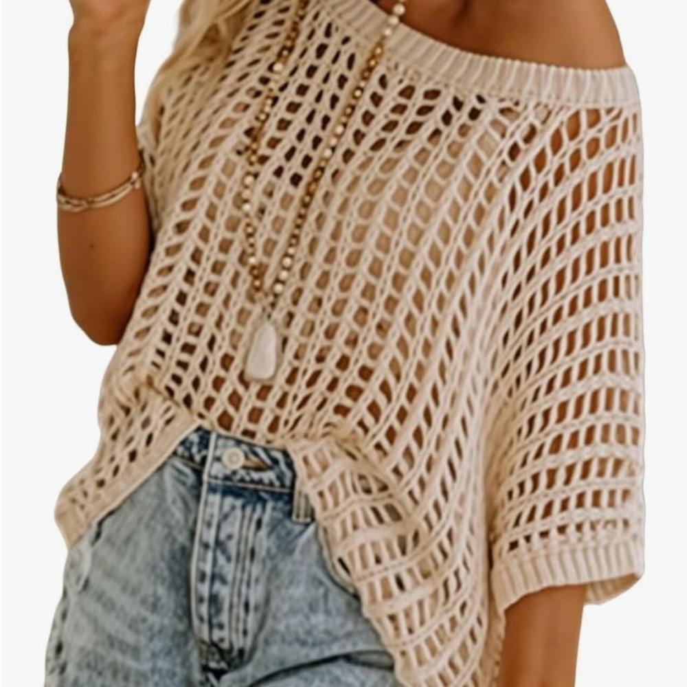 Beige Knit Short Sleeve Sweater